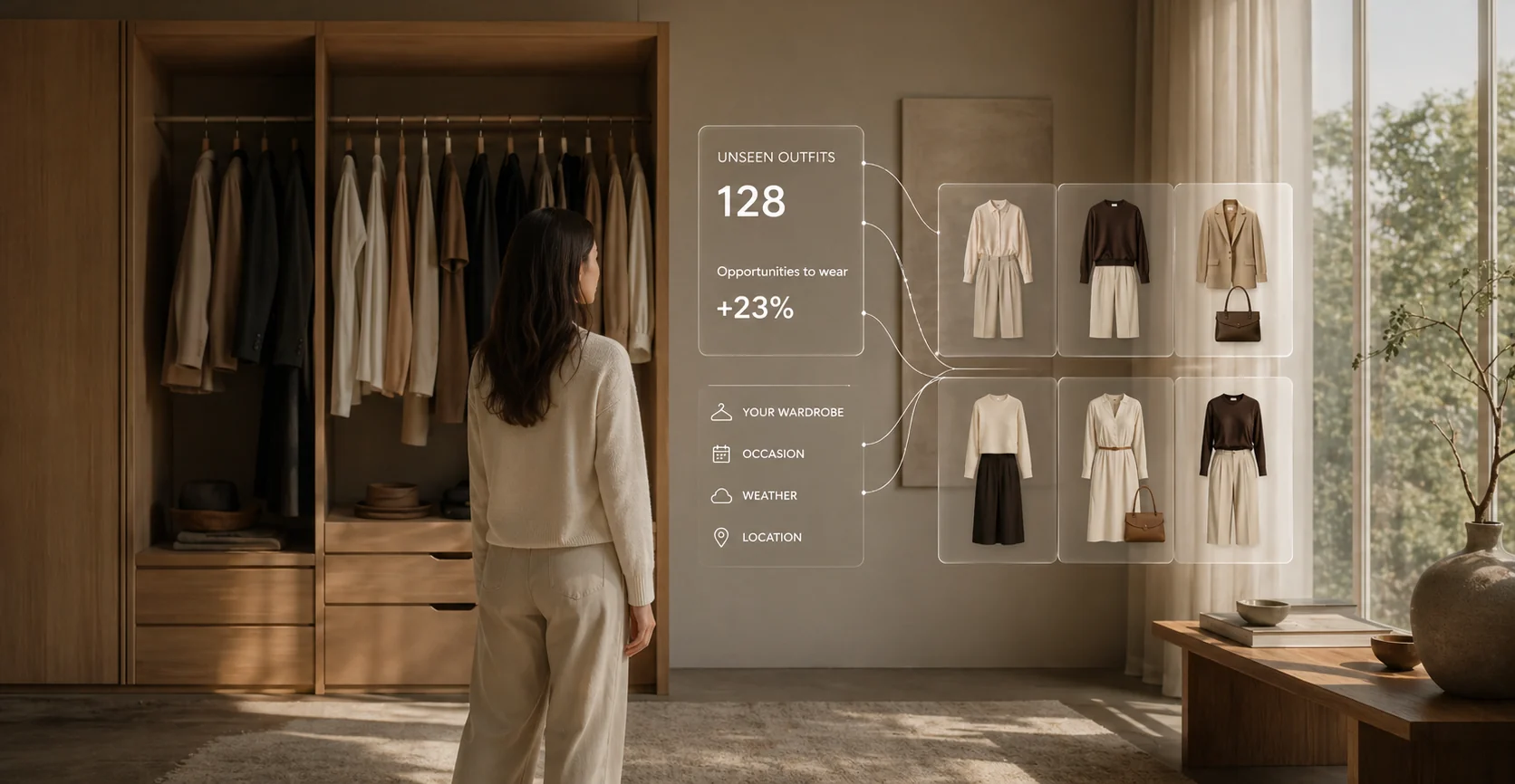 Wardrobe perspective: a customer's closet scanned into the COORD app, surfacing 128 unseen outfits and a +23% opportunity to wear