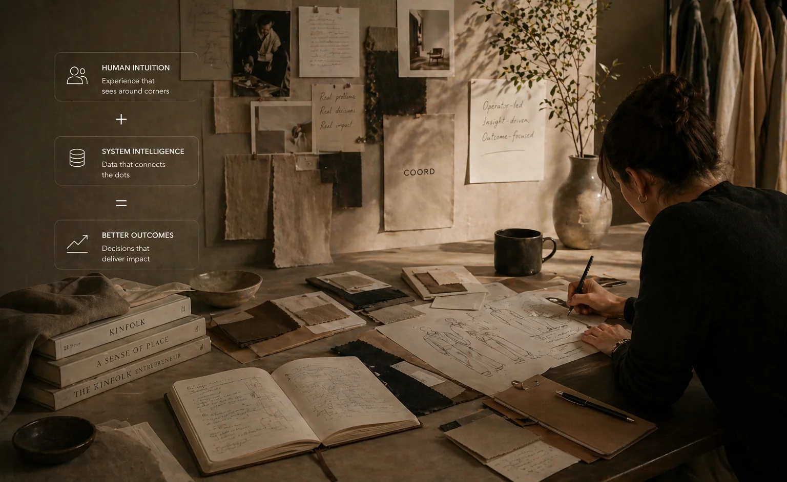 Built with operators: human intuition plus system intelligence equals better outcomes — sketches, mood boards and notebooks on a workbench